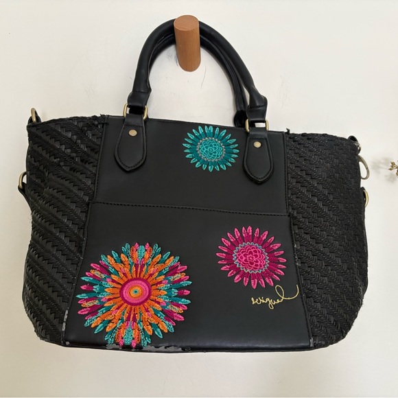 Desigual Handbags - Desigual Embroidered Floral Satchel Tote Bag Black Top Handle Handbag